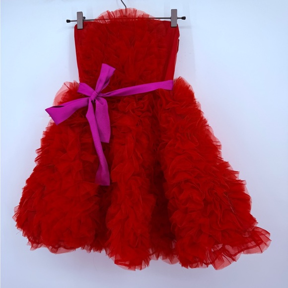 Pearl Georgina Chapman Marchesa Red Tulle Strapless Cocktail Dress Size 0 - Picture 3 of 6